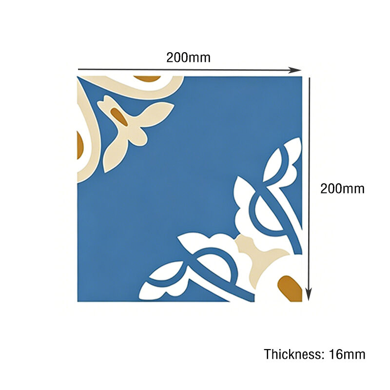 200x200mm El Yapımı Mavi Çiçek Çimento Karo Çini Mutfak Backsplash Banyo Zemin Yüksek Trafik Alanları için kaymaz