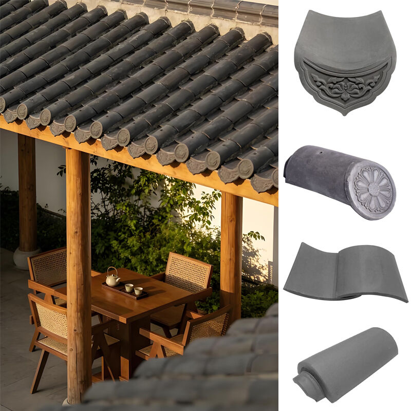 Gri Keramik Çin Çatı Plakaları Tam Set Dekoratif Kapak Plakaları ve Çay Evi Dışsal Manzara Mimarlığı için Fıçı Kapakları