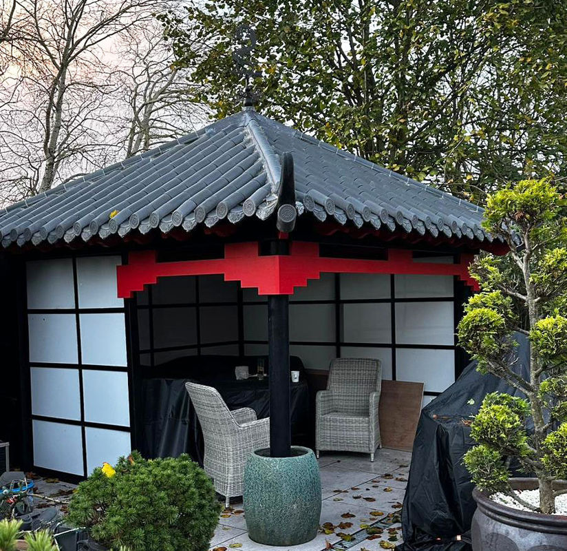 Japon ve Çin tarzı Açık Çay Evi Pavilyonu Hip Çatı Plakası Sistemi ve Yükselişli Kapaklı Konaklı Avlu Gazebo