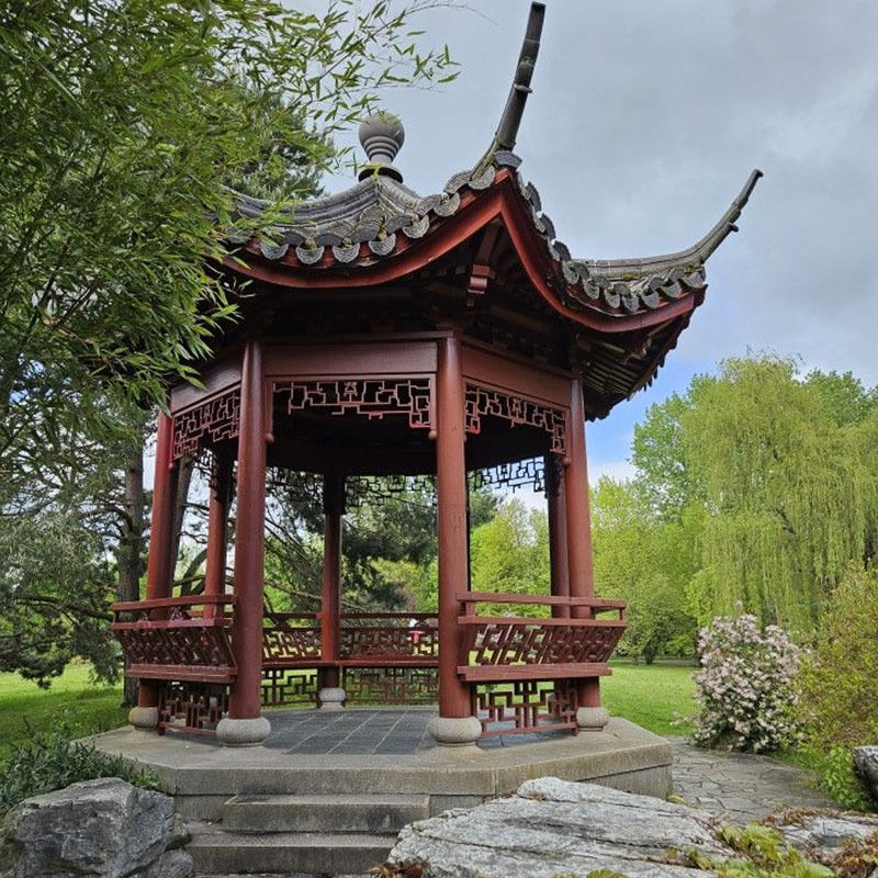 Authentic Hexagonal Chinese Timber Gazebo Asian Wooden Teahouse Pavilion with Curved Eaves for Zen & Botanical Gardens