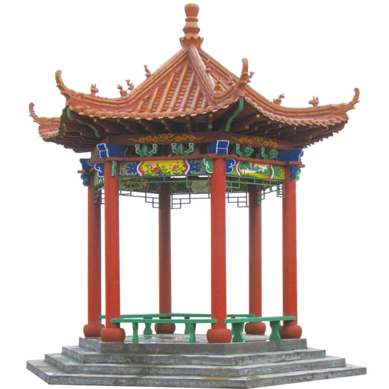 Hexagonal/Octagonal Chinese Imperial Wooden Gazebo Kit Polychrome Hand-Painted Timber Pavilion with Golden Glazed Roof Tiles